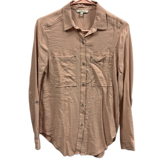 Calvin Klein Jeans Dusty Rose Button Down‎ Roll Tab Long Sleeve Blouse Womens S - Picture 11 of 11